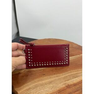 Brighton Studded Leather Card Case Wallet Women OS Red Zip Coin Pouch Slim